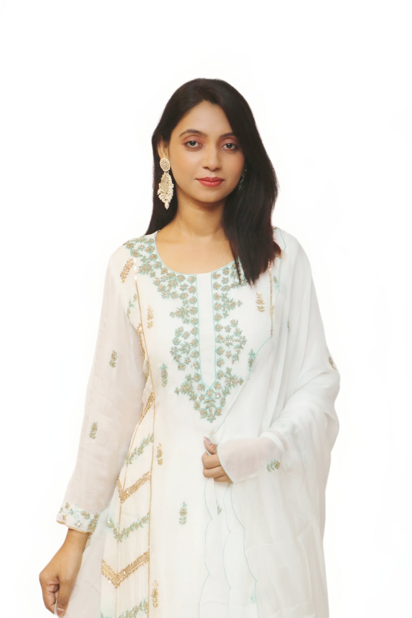 Ivory White Viscose Organza Set