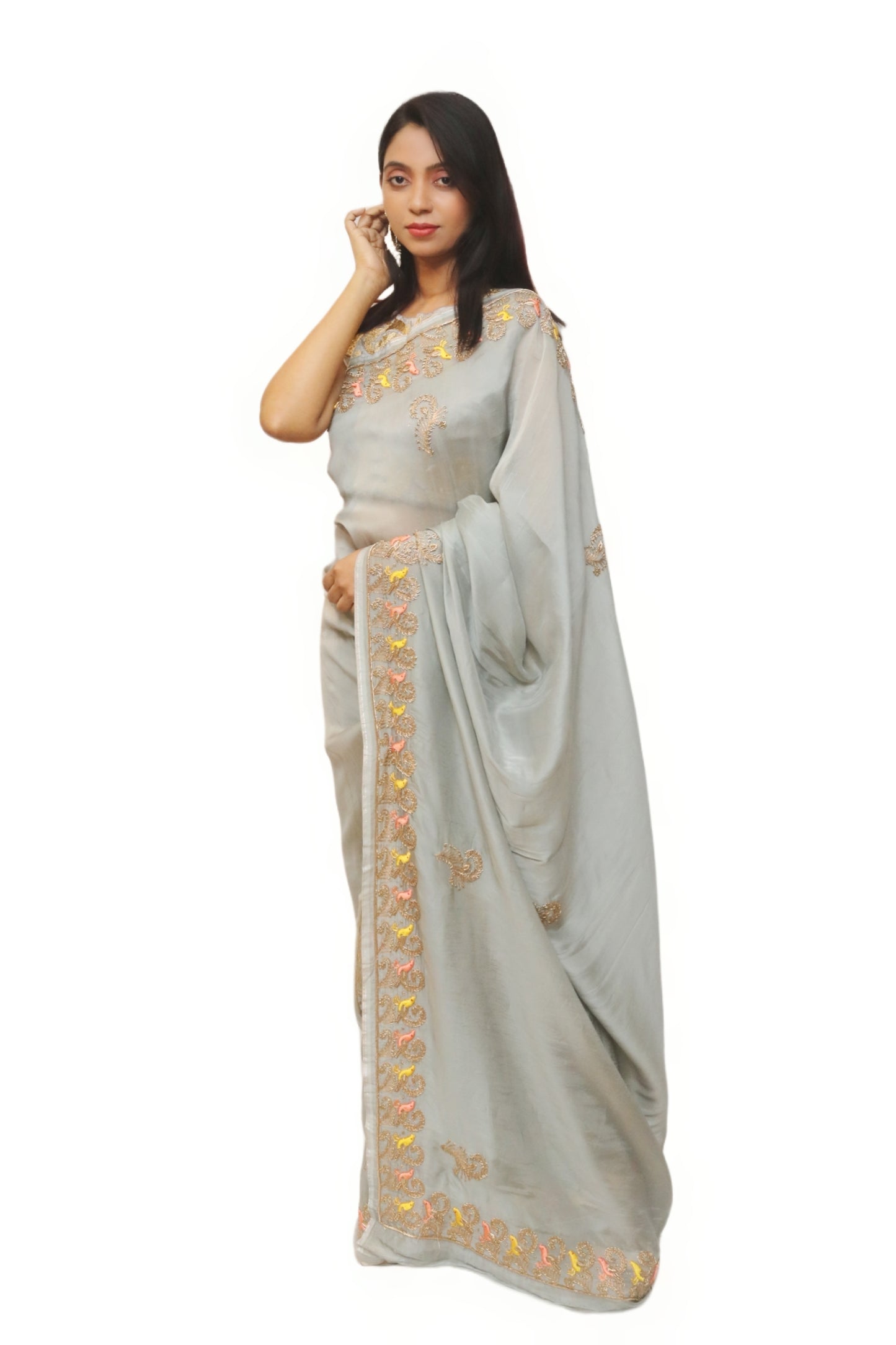 Hand Zardosi Metallic Grey Saree