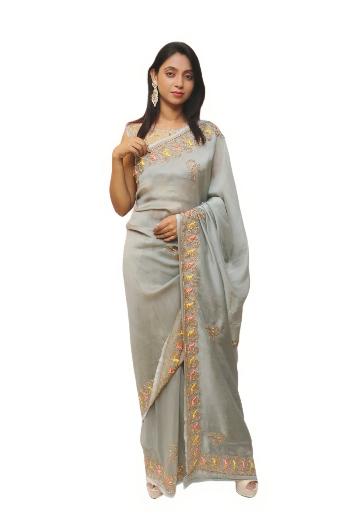 Hand Zardosi Metallic Grey Saree