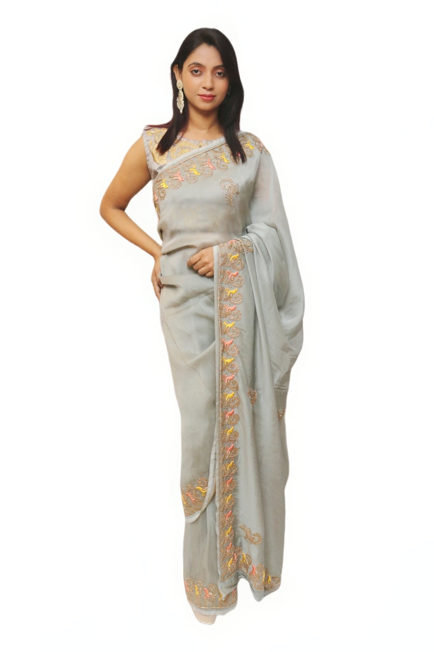 Hand Zardosi Metallic Grey Saree