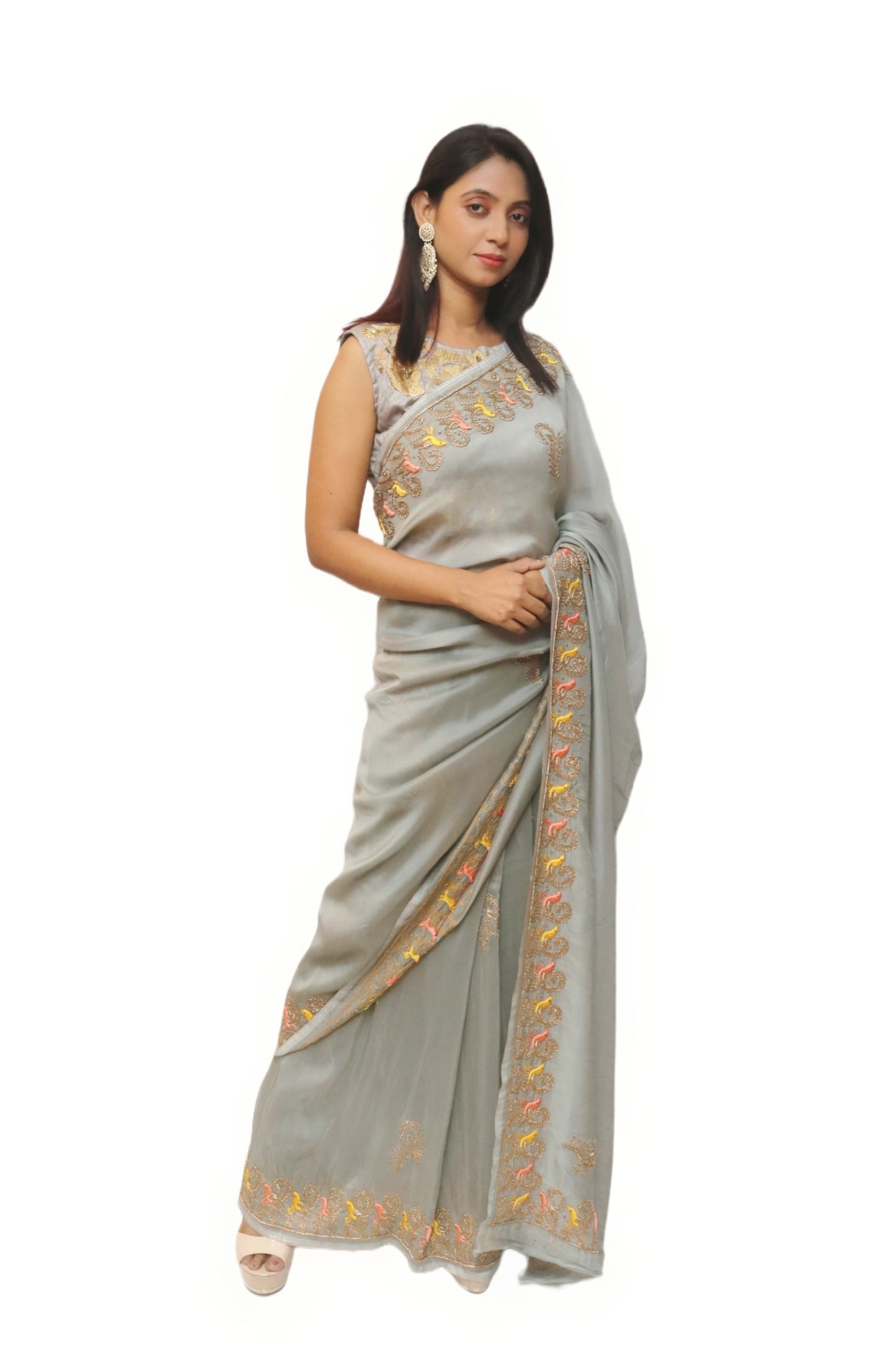 Hand Zardosi Metallic Grey Saree