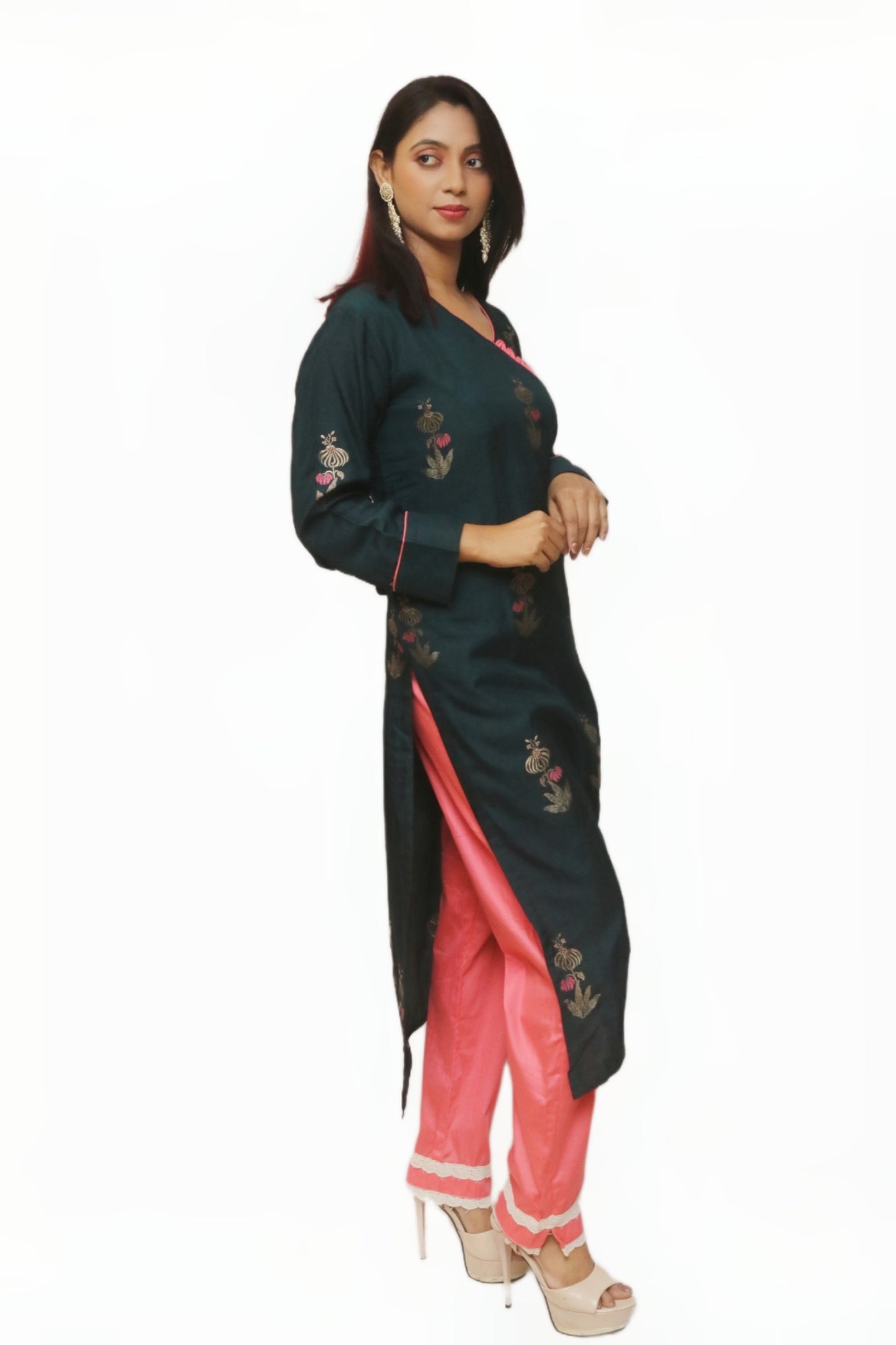 Dark Bottle Green Kurti Set