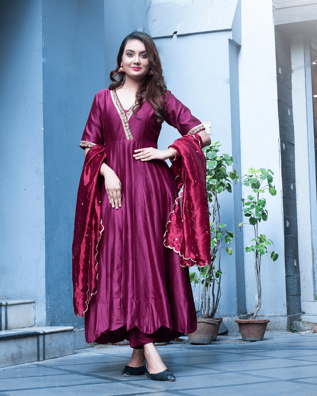 Maroon Pure Chanderi Anarkali Dress