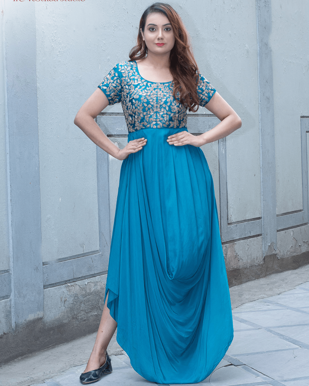 Peacock Green Pure Crepe Indo-Western Drape Gown