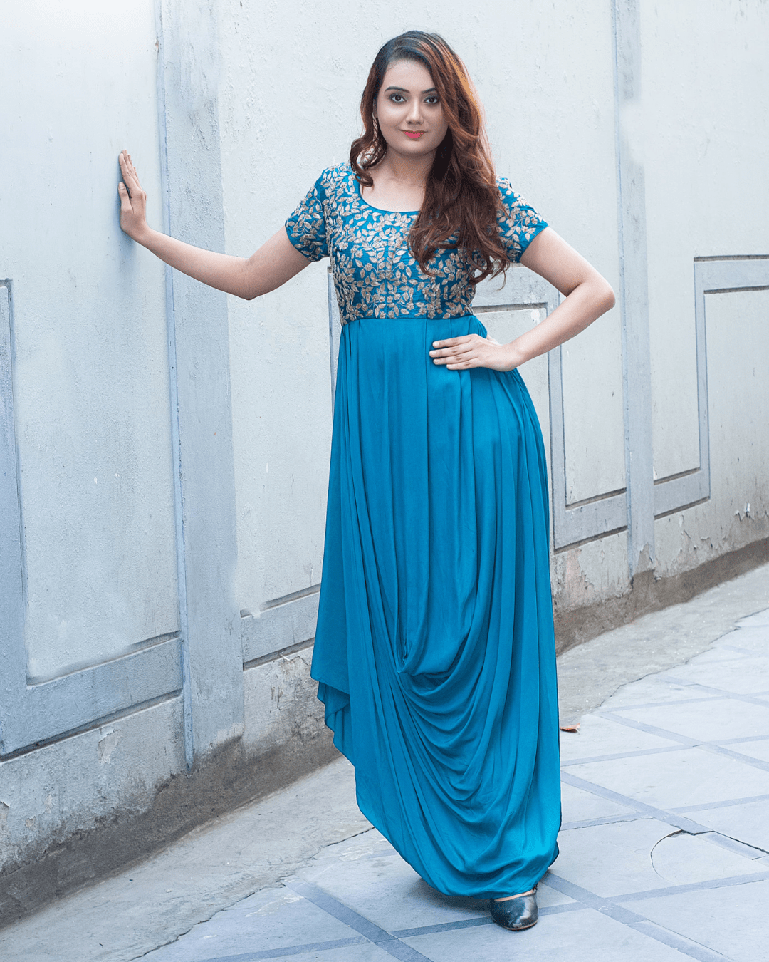 Peacock Green Pure Crepe Indo-Western Drape Gown