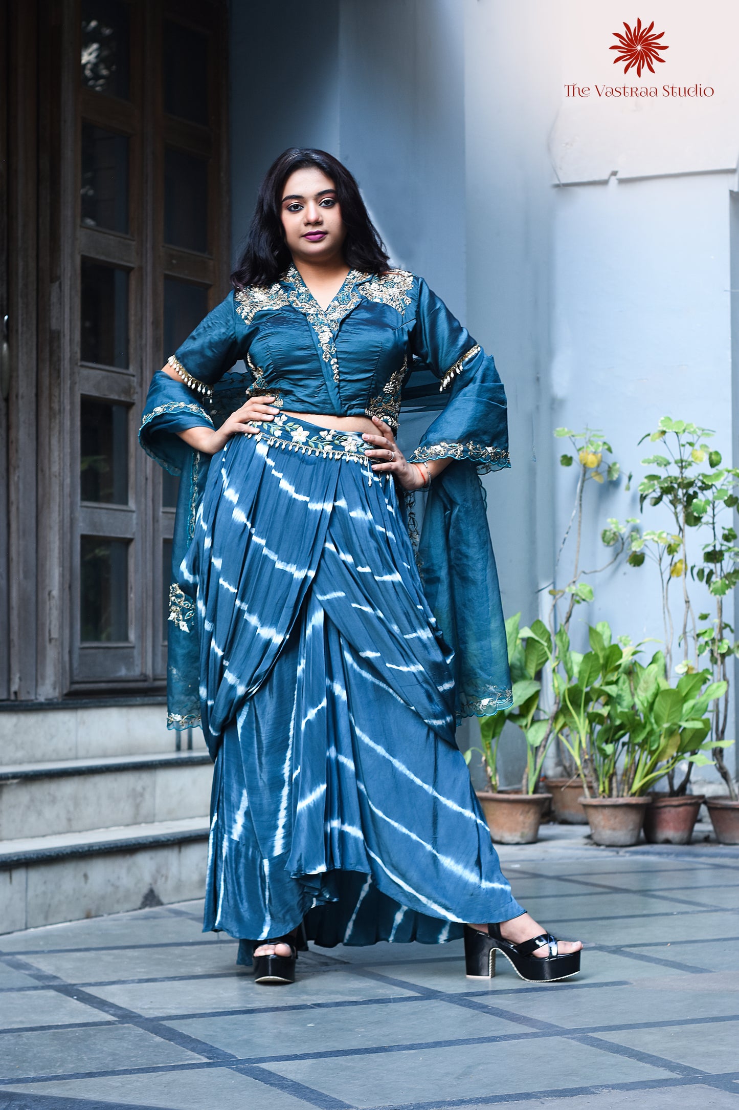Teal Blue Tie-Dye Drape Skirt Set
