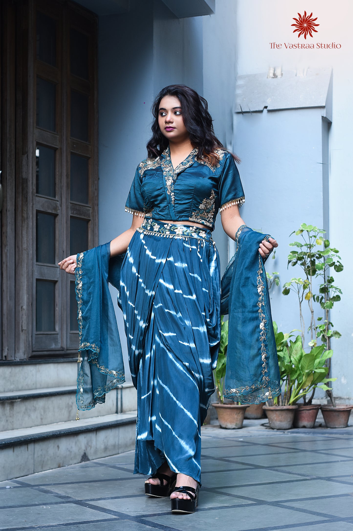 Teal Blue Tie-Dye Drape Skirt Set