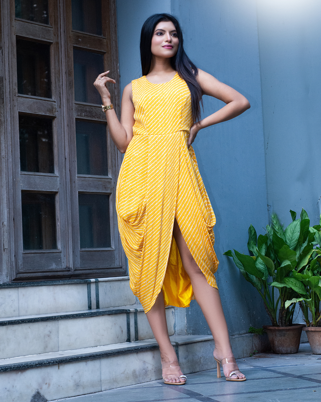 Yellow leheriya Pure chinon cowl dress