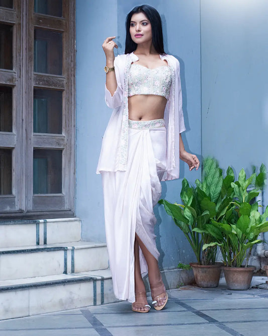 Pastel Rose gold Pure Habutai Silk drape indowestern