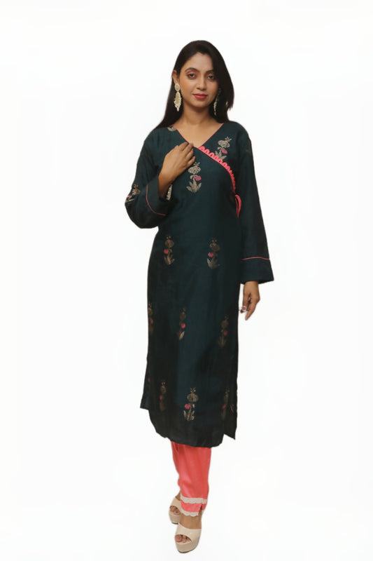 Dark Bottle Green Kurti Set