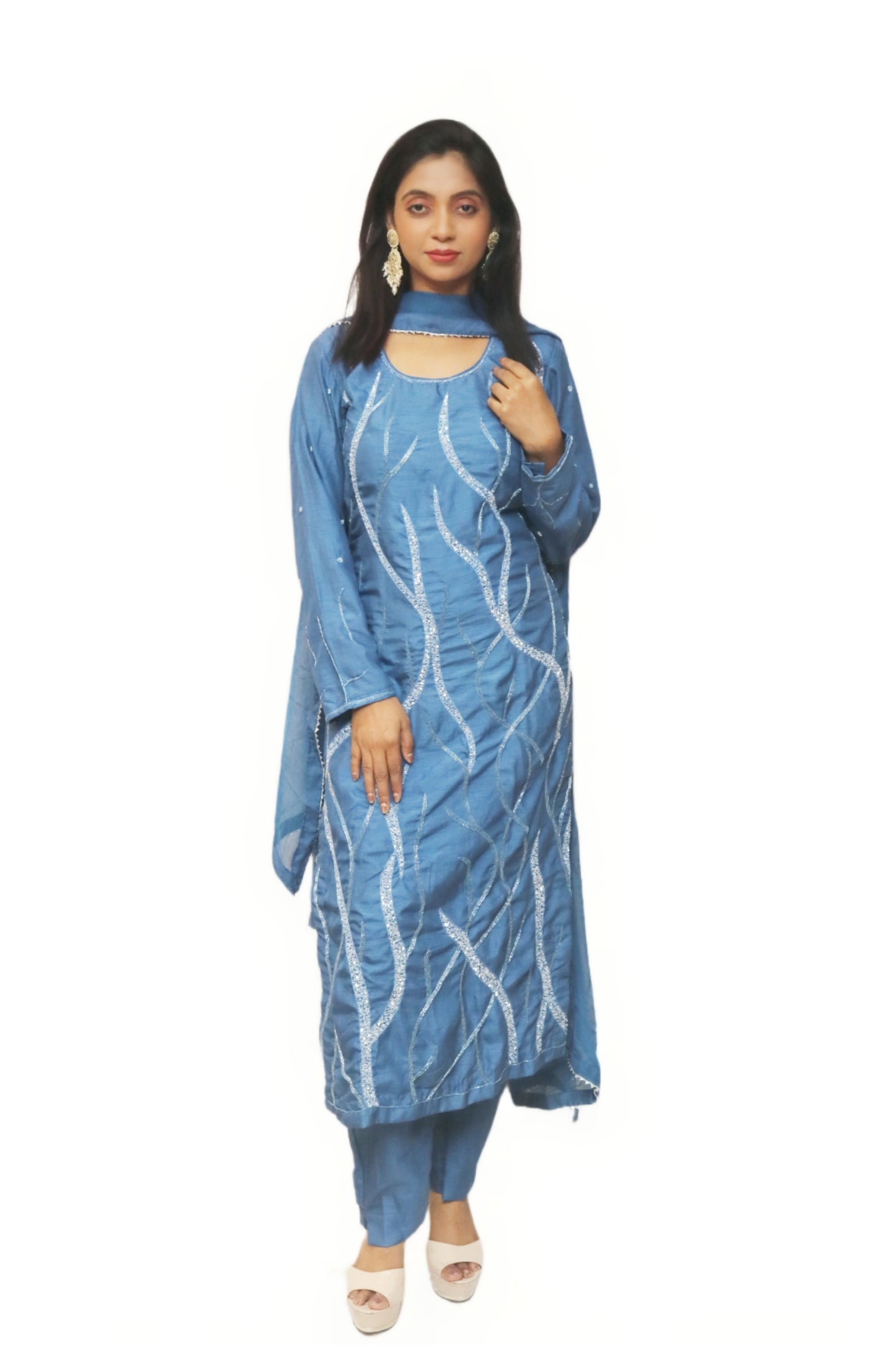 Paste Grey Blue Kurta Set