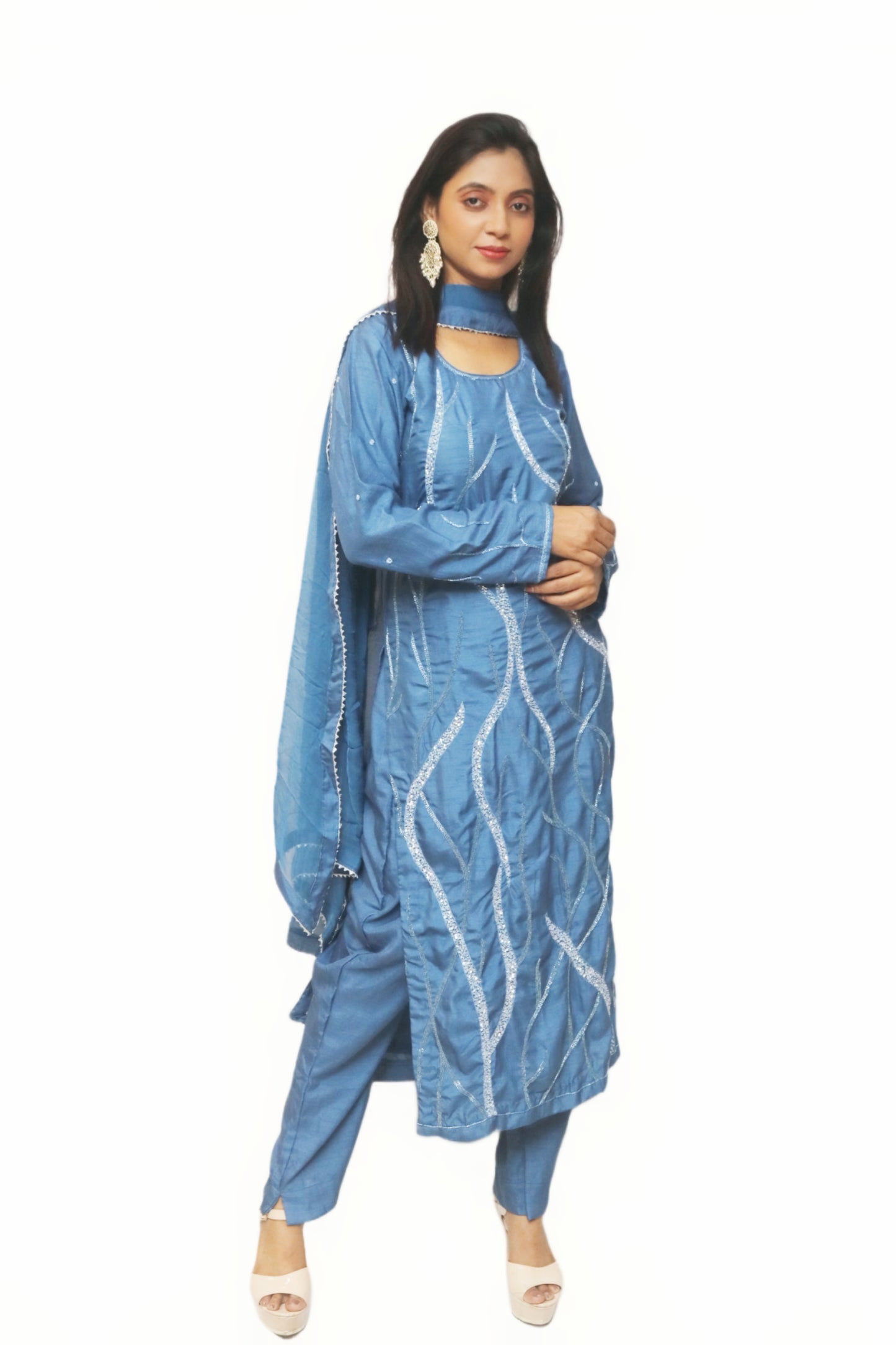 Paste Grey Blue Kurta Set