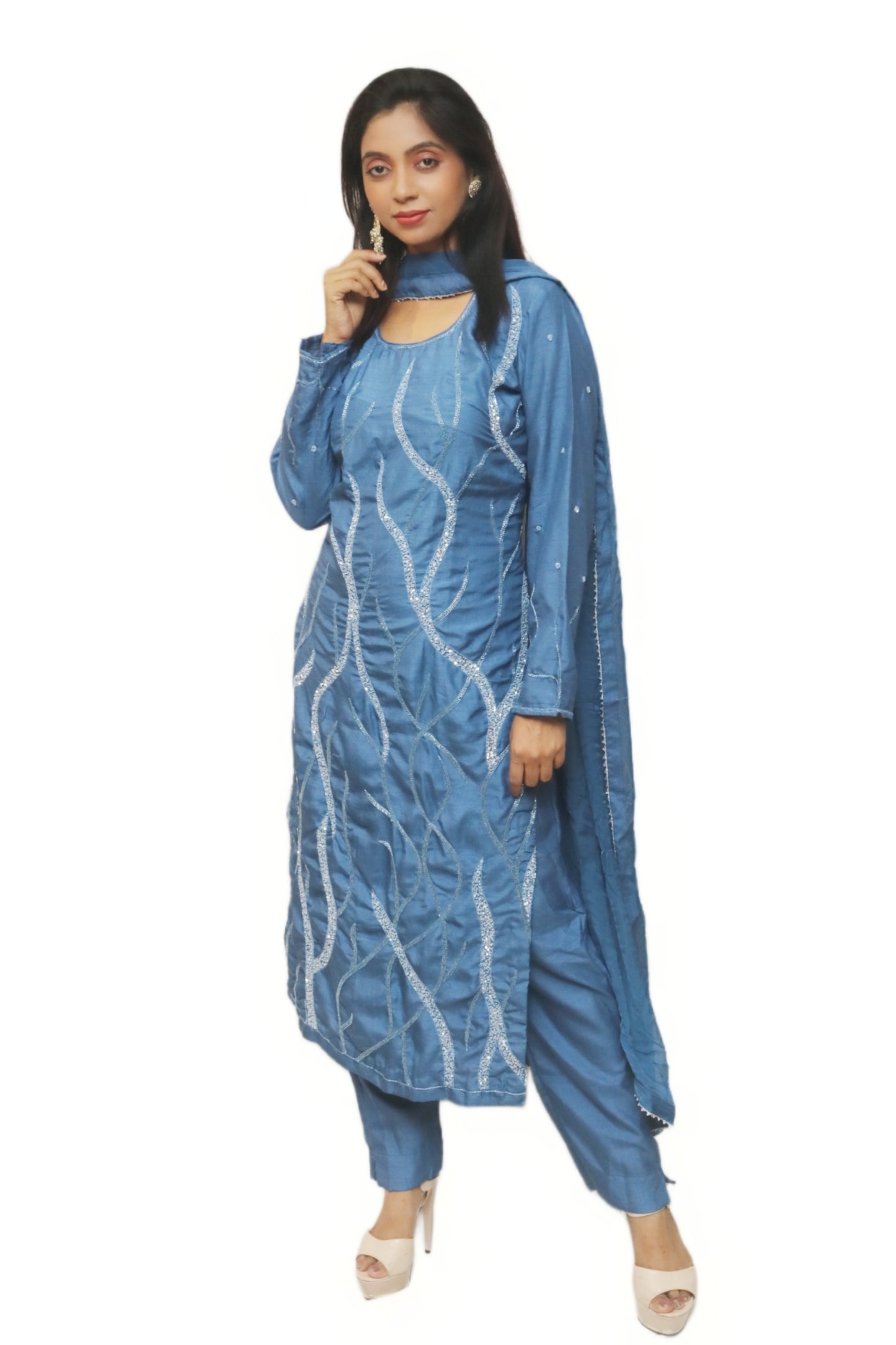 Paste Grey Blue Kurta Set