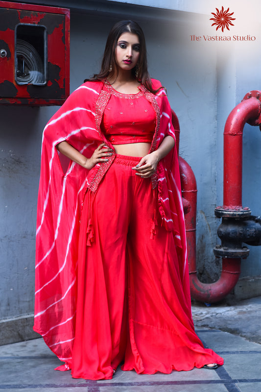 Red Indo-Western Set with Tie-Dye Handworked Cape